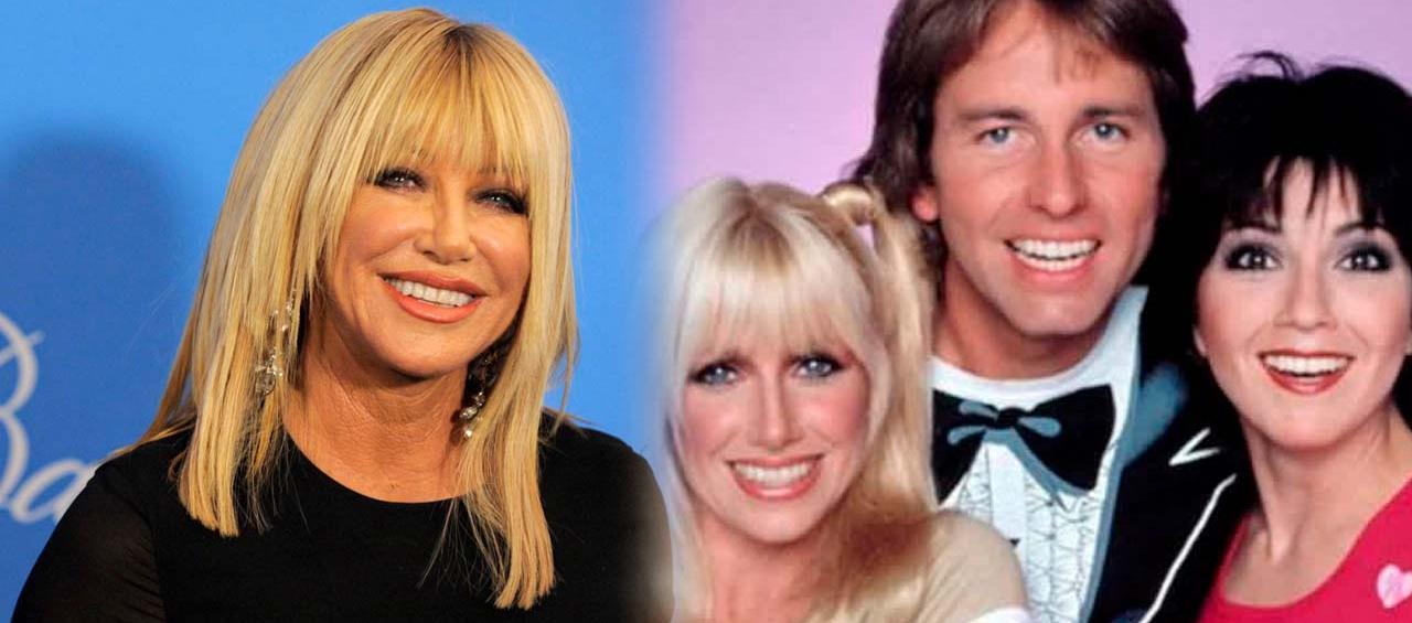 Suzanne Somers, 76 años, en la serie "Tres son compañía" junto a Joyce DeWitt y John Ritter