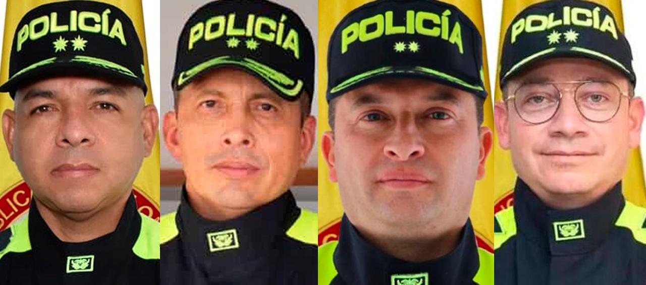 General Nicolás Alejandro Zapata Restrepo, nuevo Subdirector de la Policía, y seguidamente Tito Yesid Castellanos Tuay, Carlos Fernando Triana Beltrán y Carlos Humberto Rojas Pabón, quienes salen de la institución.