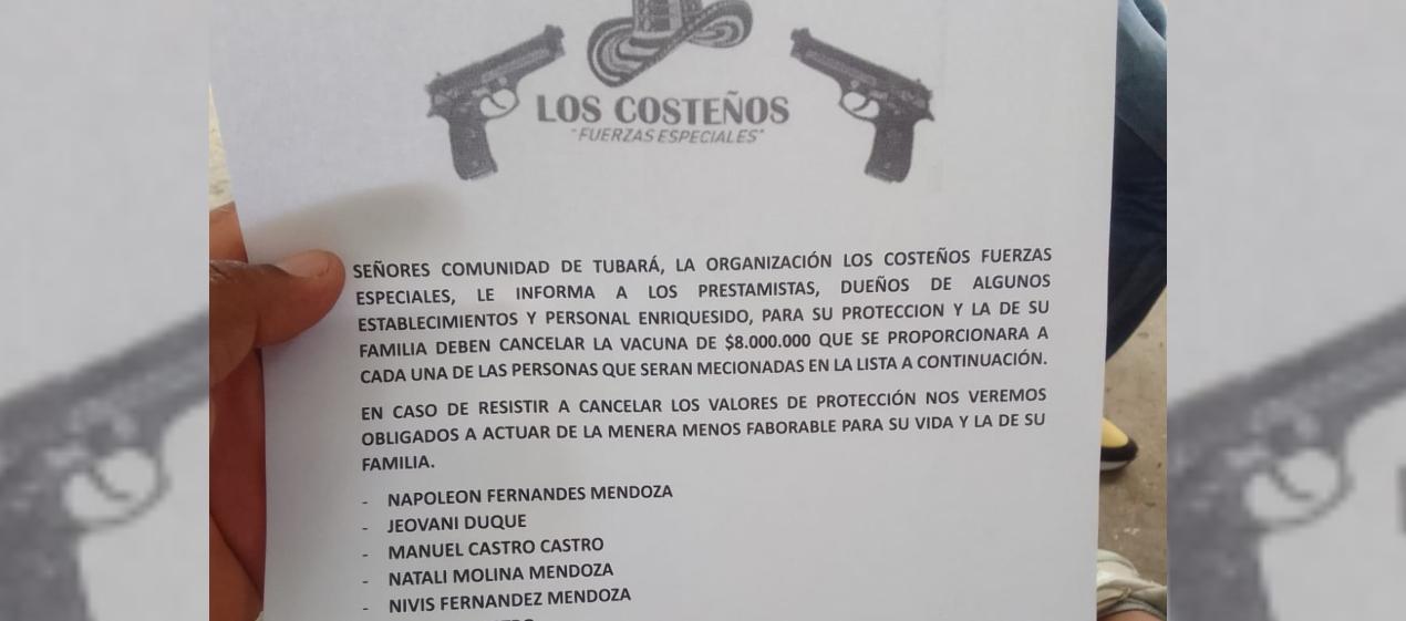Panfleto extorsivo en Tubará. 