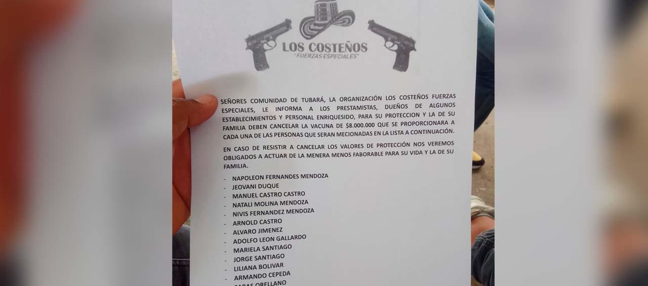 Panfleto extorsivo en Tubará.