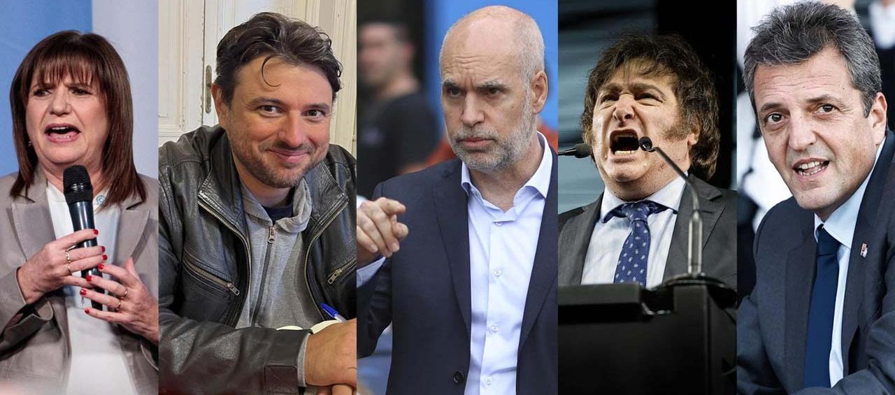 Patricia Bullrich, Juan Grabois, Horacio Rodríguez Larreta, Javier Milei y Sergio Massa, candidatos a la Presidencia de Argentina