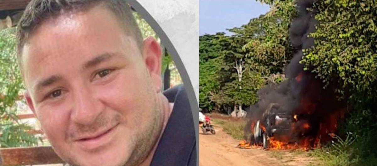 Juan Carlos Bayter, secuestrado. En la otra foto, el vehículo incendiado