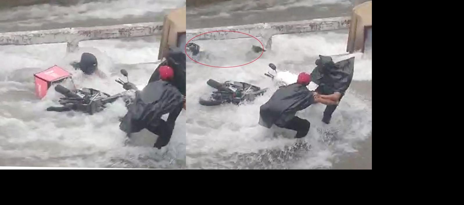 Momento exacto en el que el domiciliario era arrastrado por la corriente.