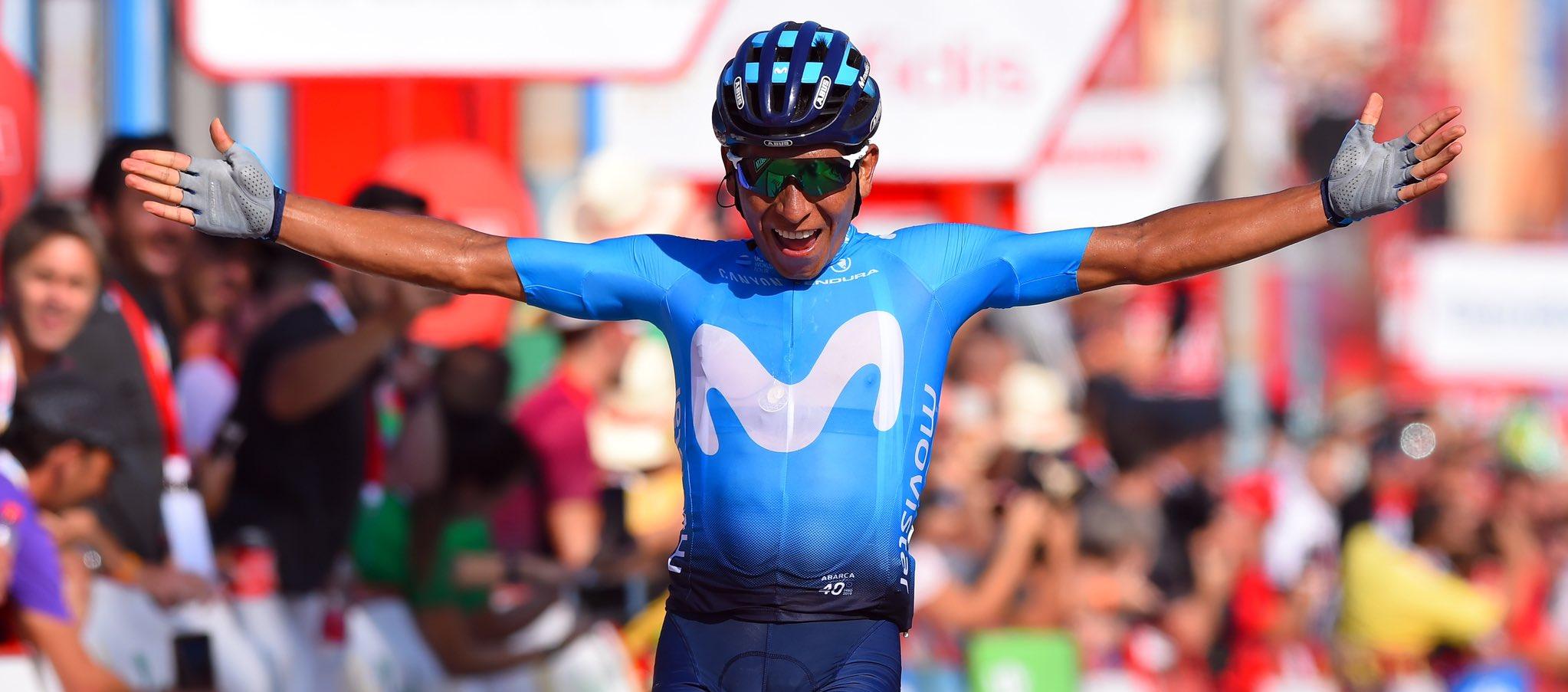Nairo Quintana celebrando uno de sus tantos triunfos en el Movistar.