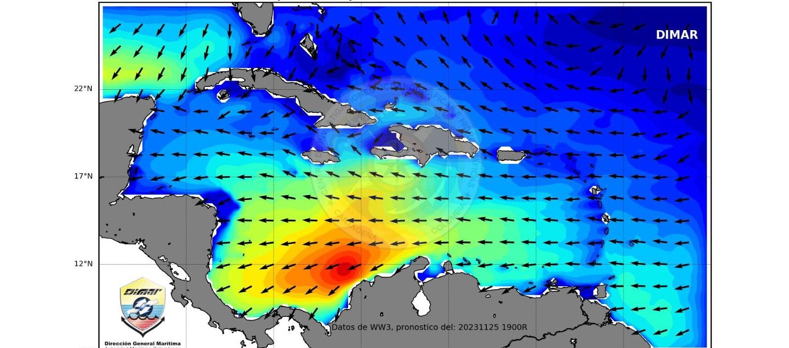 Campo de altura y dirección de las olas presentado por la Dimar.