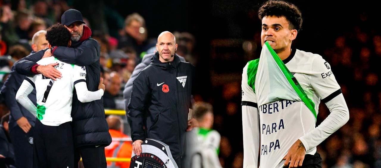 Luis Díaz celebrando el gol que le dedicó a su padre en su reciente partido.