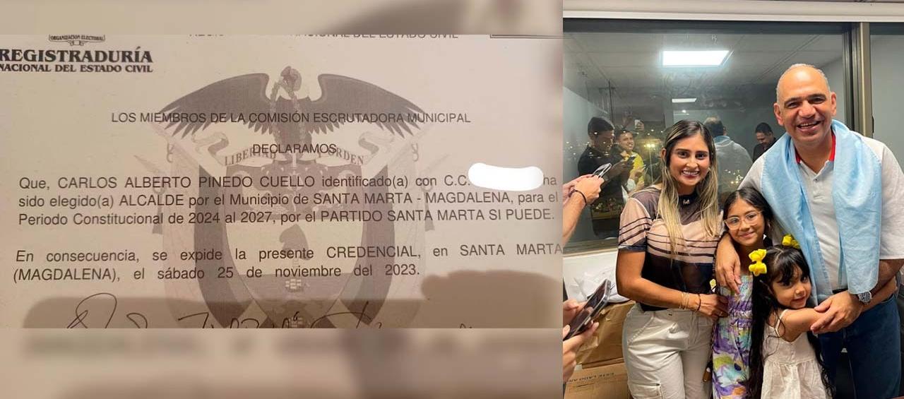 Carlos Pinedo Cuello junto a su familia y la credencial.