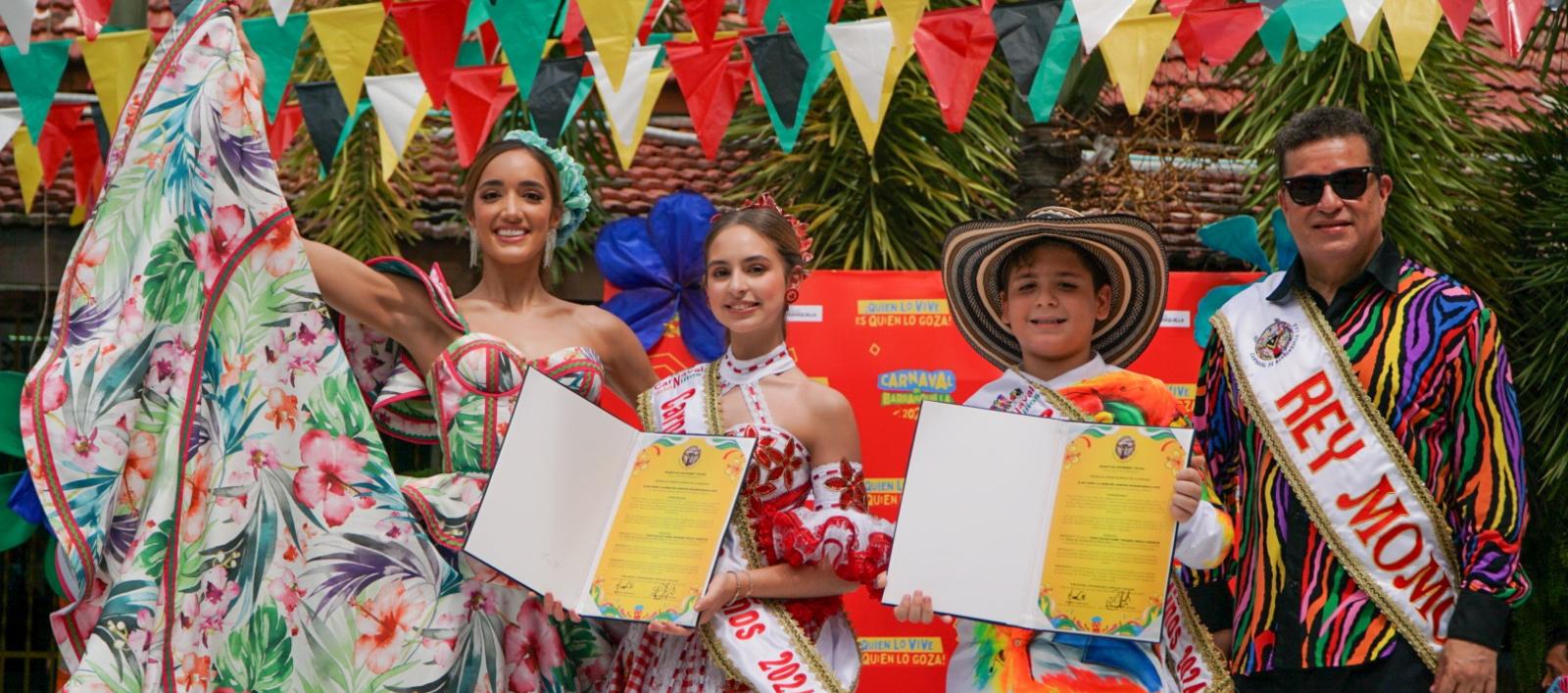 Melissa Cure, Jueventino Ojito, Samia Maloof Habib y Emanuel Angulo Cabarcas, Reyes y Reyecitos del Carnaval 2024.