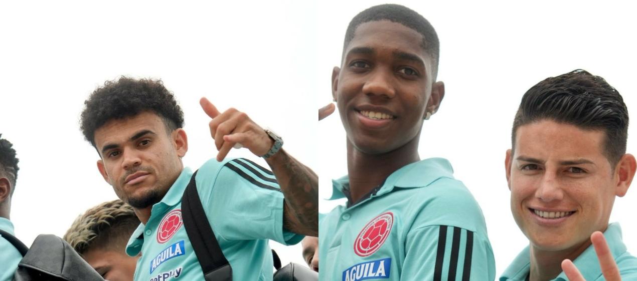 La selección Colombia, entre ellos Luis Díaz y James Rodríguez, antes de abordar el avión hacia Paraguay. 