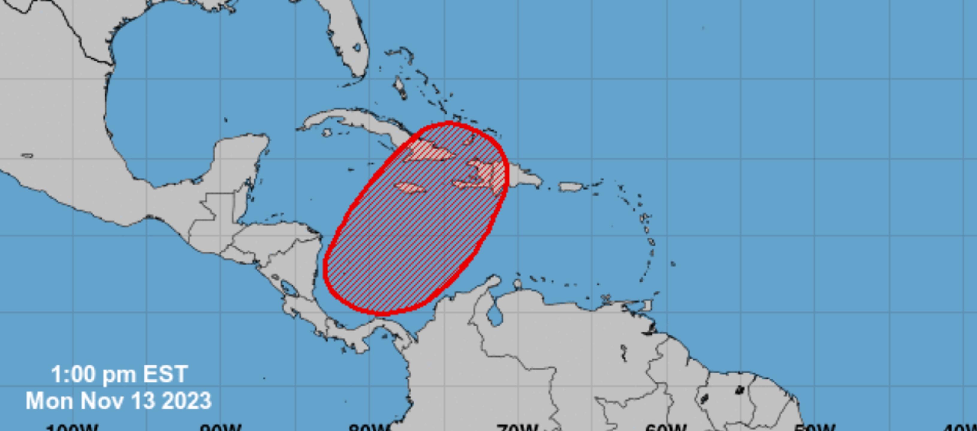 Zona roja donde se concentra el Sistema de Baja Presión en el Mar Caribe. 