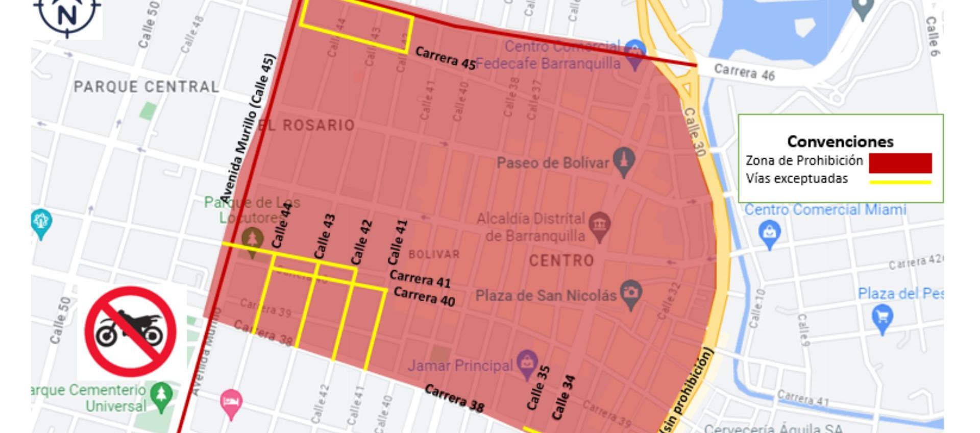 Zona con prohibición de circulación de motociclistas.