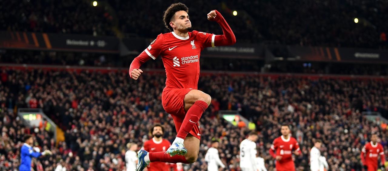 La celebración de Luis Díaz tras el gol con el que abrió el marcador para el Liverpool.