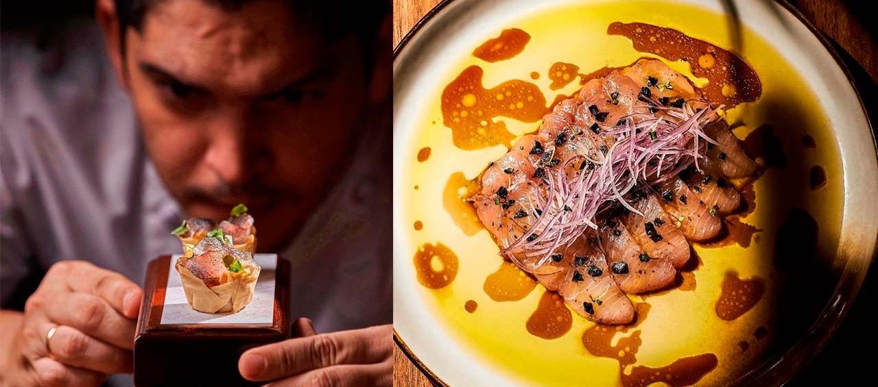 El chef Manuel Mendoza, creador de 'Manuel' Restaurante. En la siguiente imagen, una de sus creaciones: Crudo de medregal