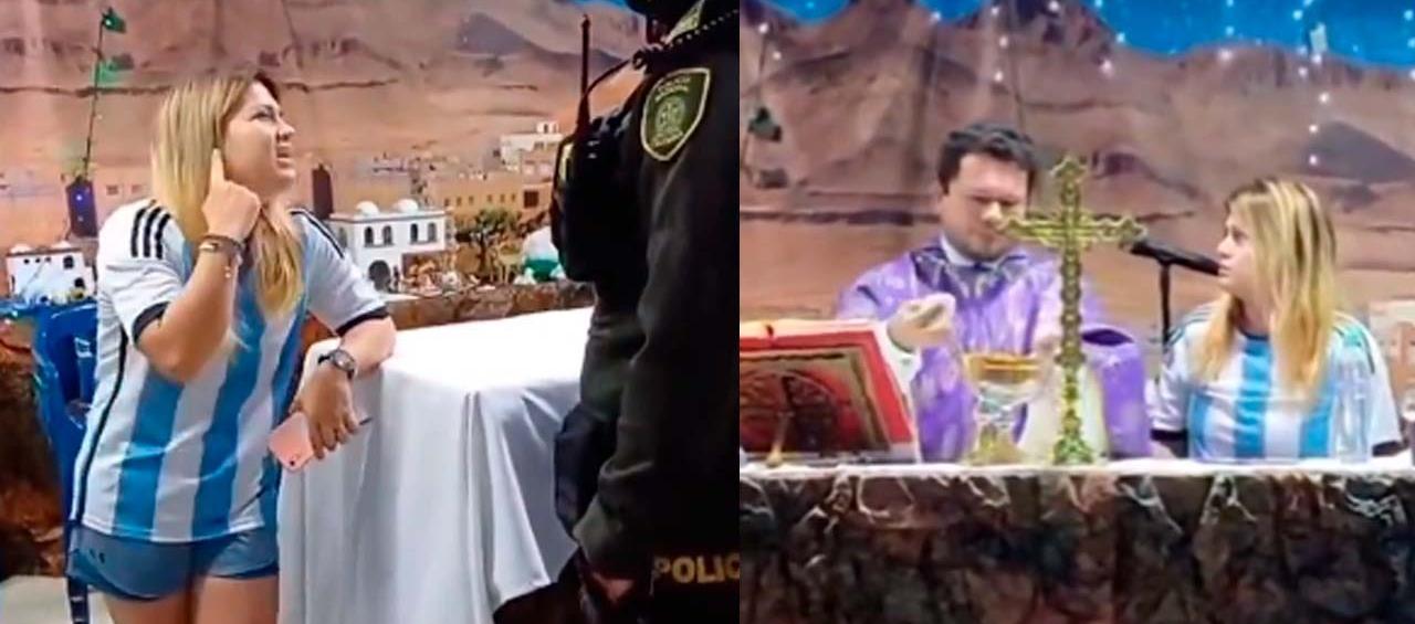 Momento en el que la mujer se queja ante el sacerdote por el alto volumen del acto religioso.