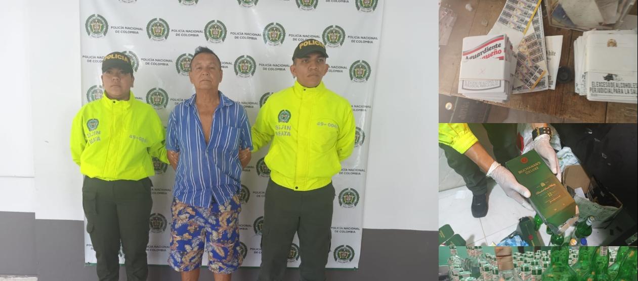 El capturado y el licor incautado.