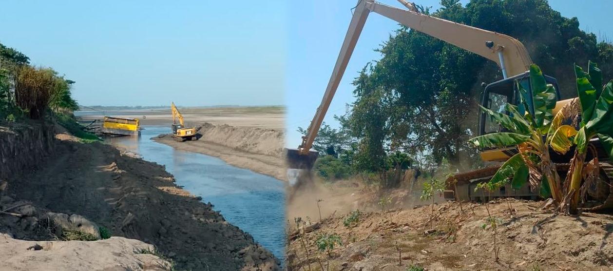 La maquinaria amarilla trabajando en el brazo del río a la altura de Campo de la Cruz