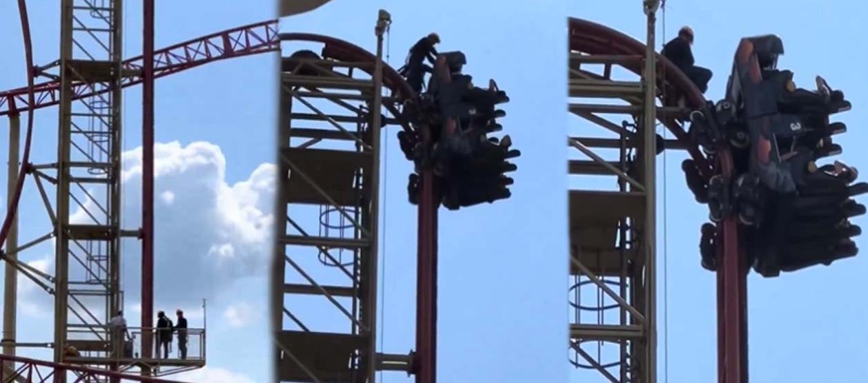 La atracción 'Kráter' con los siete turistas suspendidos a 30 metros