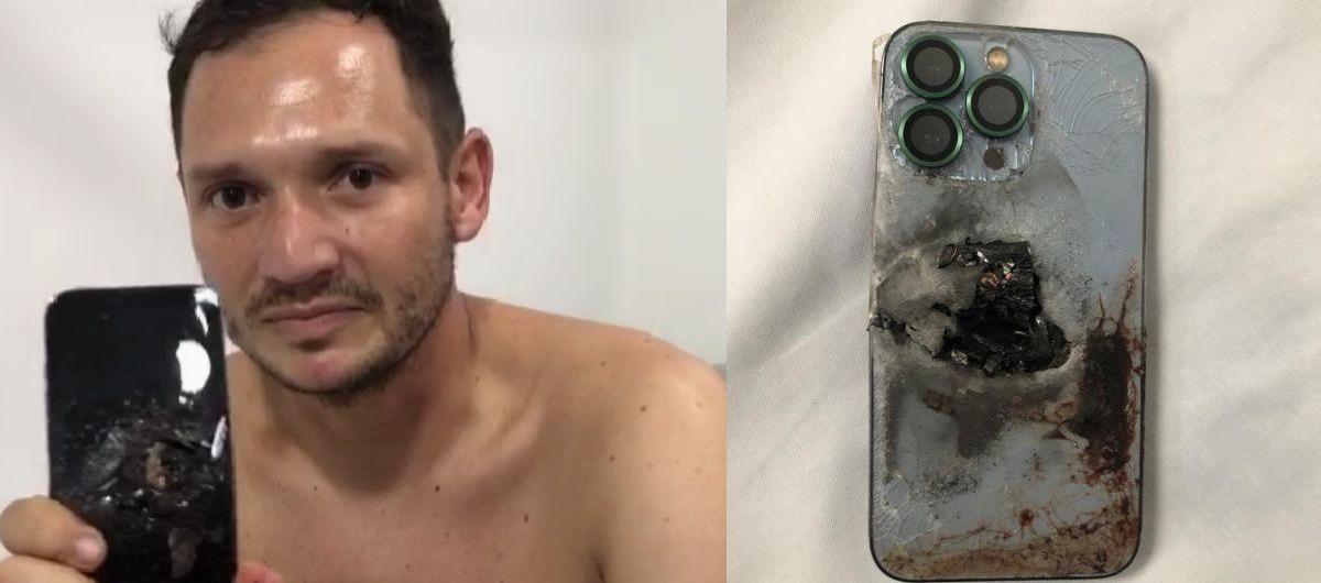 El capitán muestra el celular que le salvó la vida. 