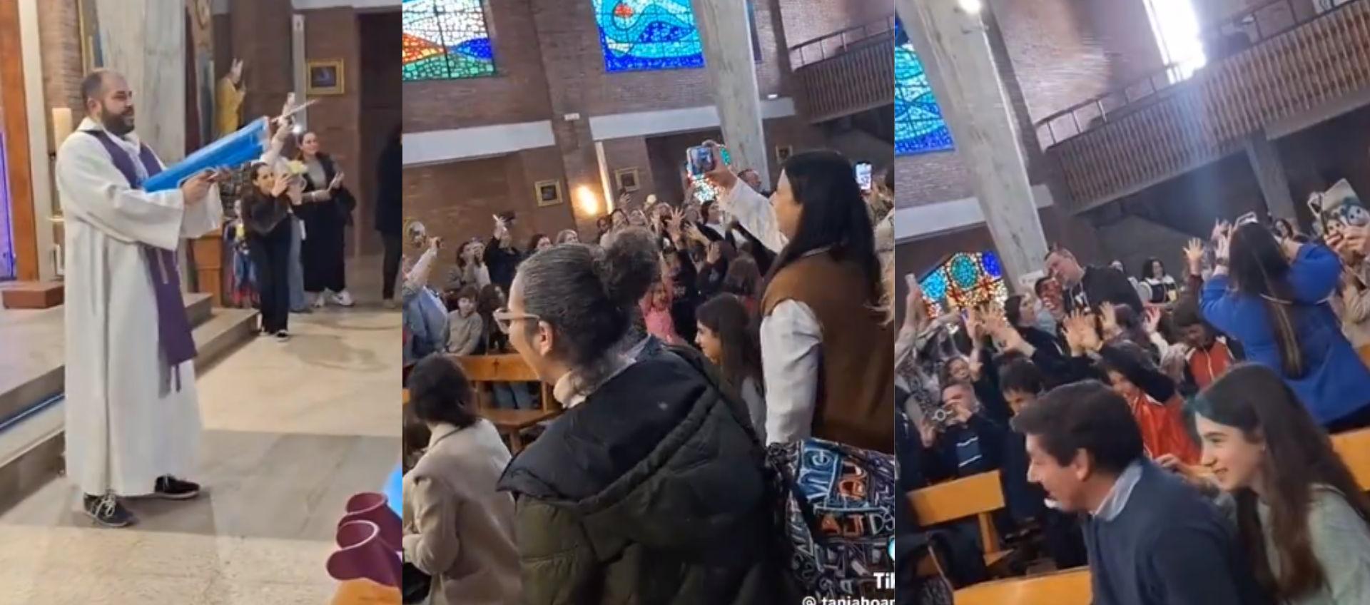 Párroco bendice a los niños de la iglesia con una pistola de agua.