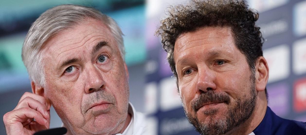 Carlo Ancelotti y Diego Simeone, entrenadores del Real Madrid y Atlético de Madrid, respectivamente. 