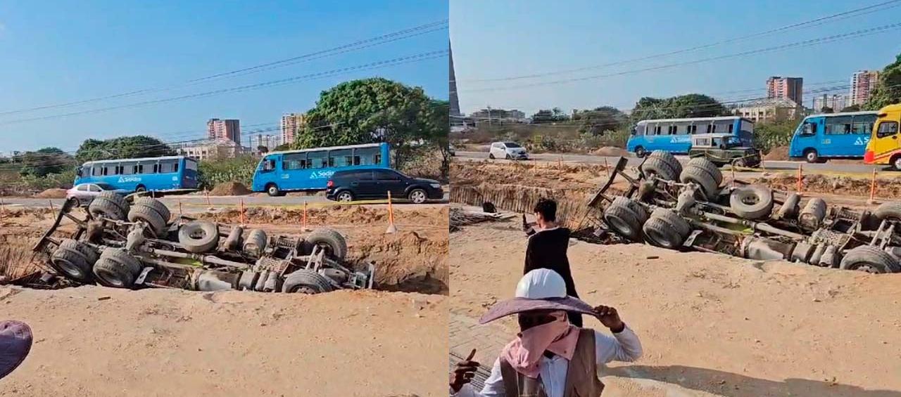 El camión mezclador quedó totalmente volcado. 