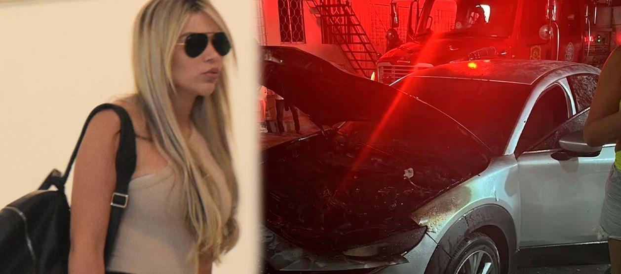 Day Vásquez y el vehículo incendiado.