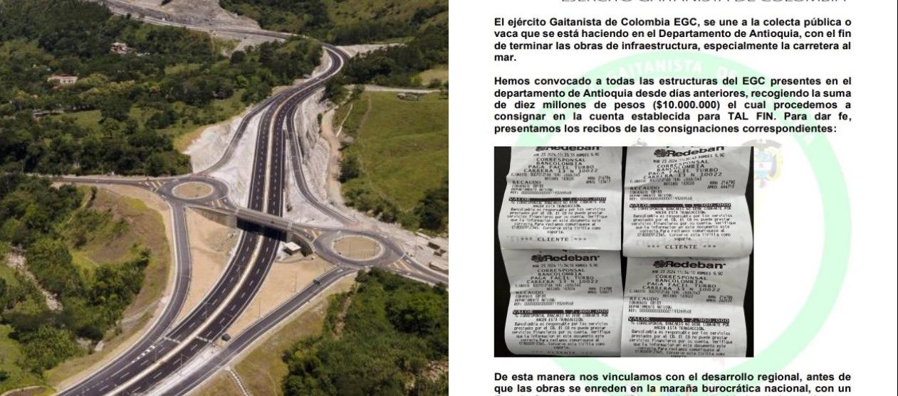 Imagen de vía 4G y el comunicado del Clan del Golfo.