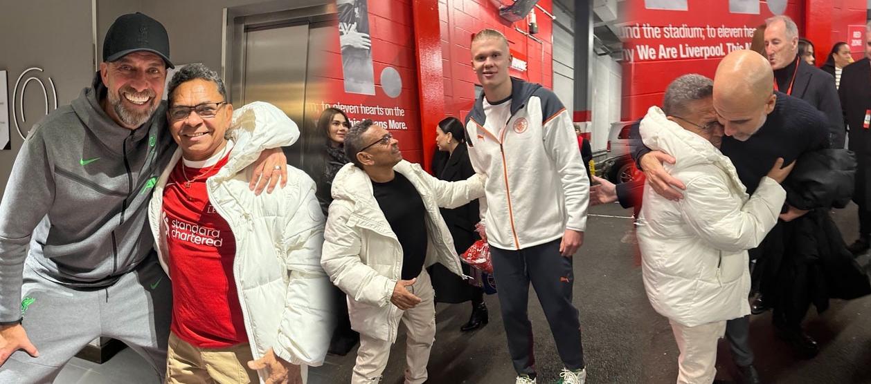 Mane Díaz con Jürgen Klopp, Erling Haaland y Pep Guardiola. 