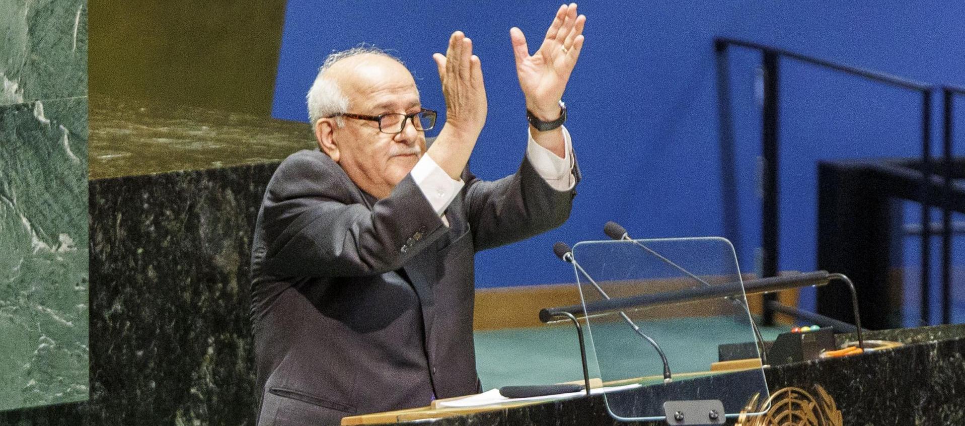 El Observador Permanente de Palestina ante las Naciones Unidas, Riyad Mansour, celebra emocionado la votación.