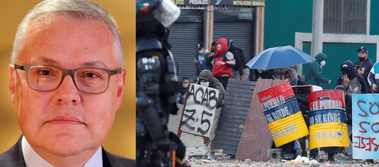 El Ministro de Justicia Néstor Osuna e imágenes de la Primera Línea en el marco de la protesta social en 2021. 