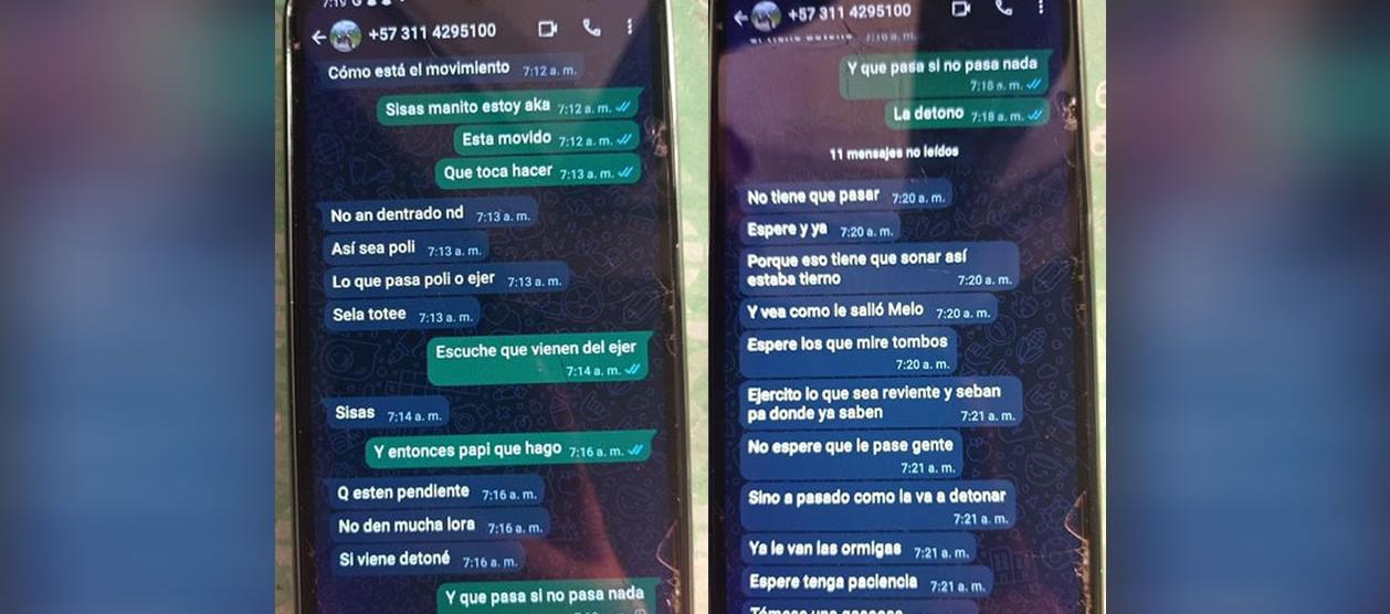 Algunos de los chats descubiertos en el teléfono celular de un sospechoso del atentado en Jamundí