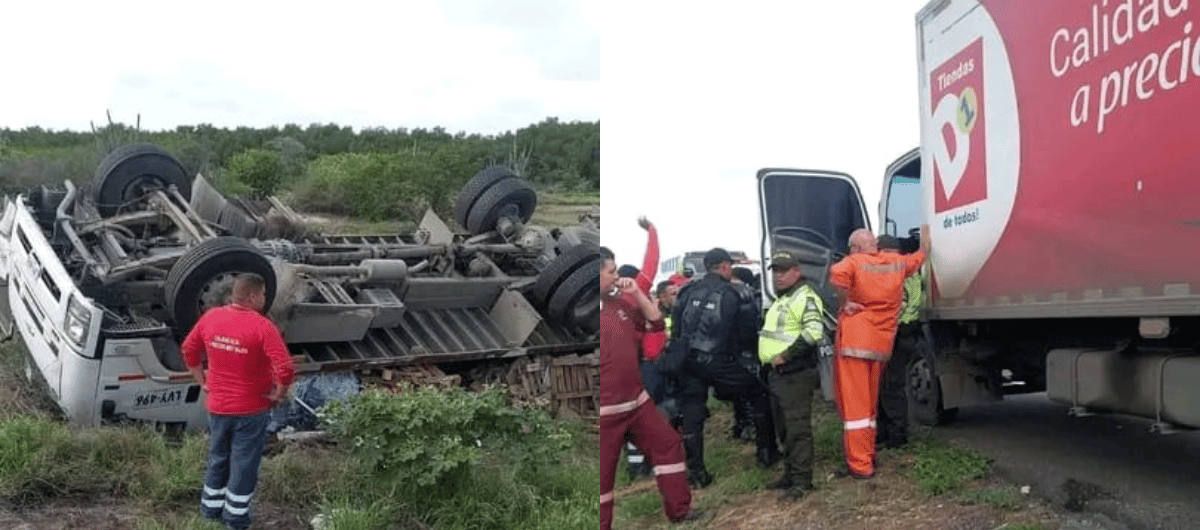El vehículo cargado con alimentos volcado este viernes en Tasajera