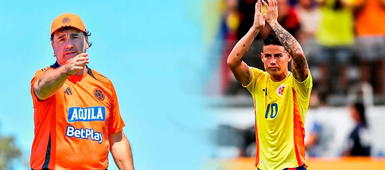 Néstor Lorenzo, técnico de la Selección Colombia, y James Rodríguez.