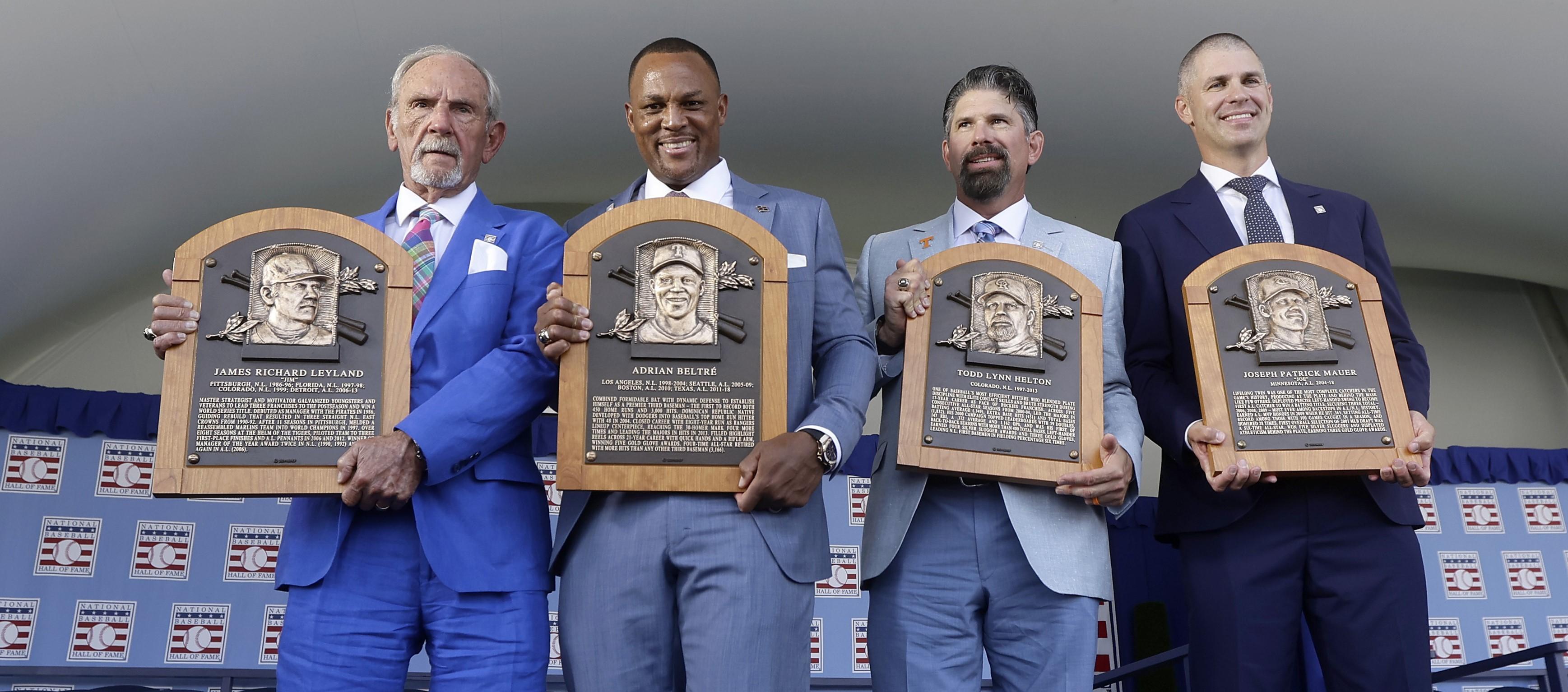 Jim Leyland, Adrián Beltré, Todd Helton y Joe Mauer, los nuevos miembros del Salón de la Fama. 