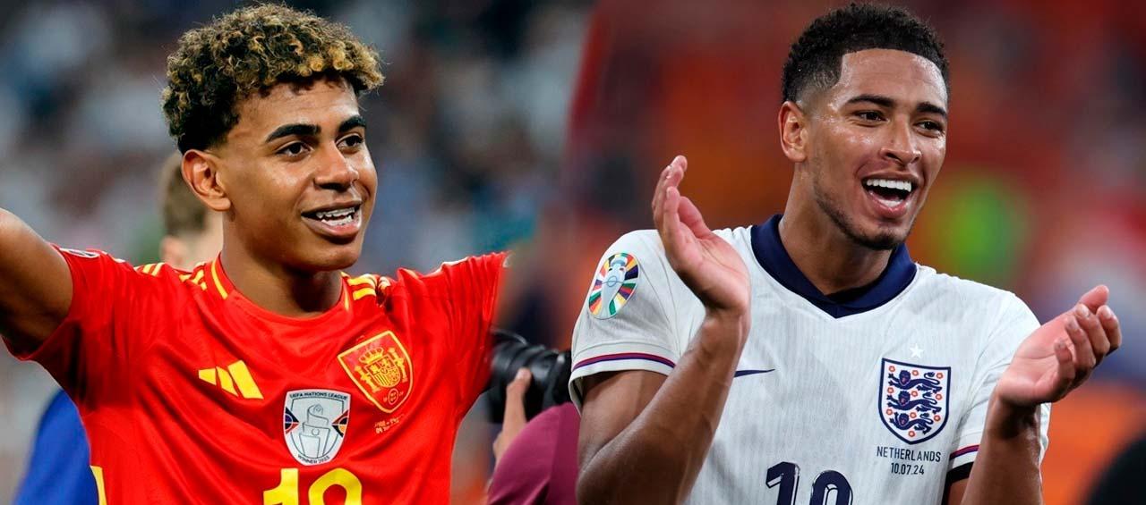 Lamine Yamal y Jude Bellingham, jóvenes figuras de España e Inglaterra.