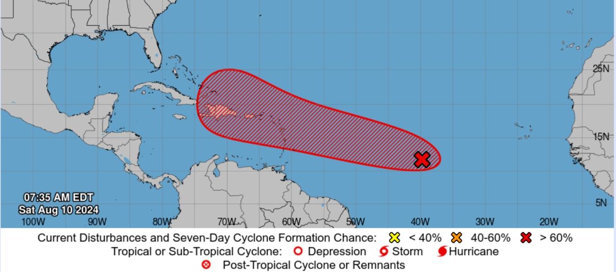 La trayectoria que tiene la onda tropical con posibilidad de convertirse en ciclón. 