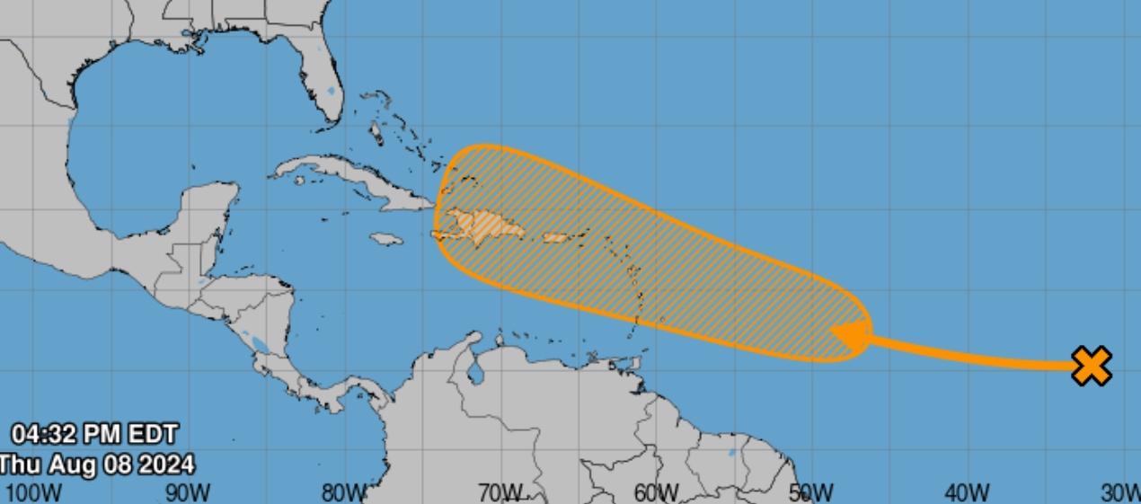 Trayectoria de la onda tropical (franja salmón). 