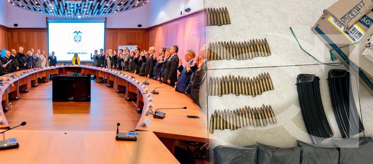 Sala plena de la Corte Suprema y las armas incautadas.