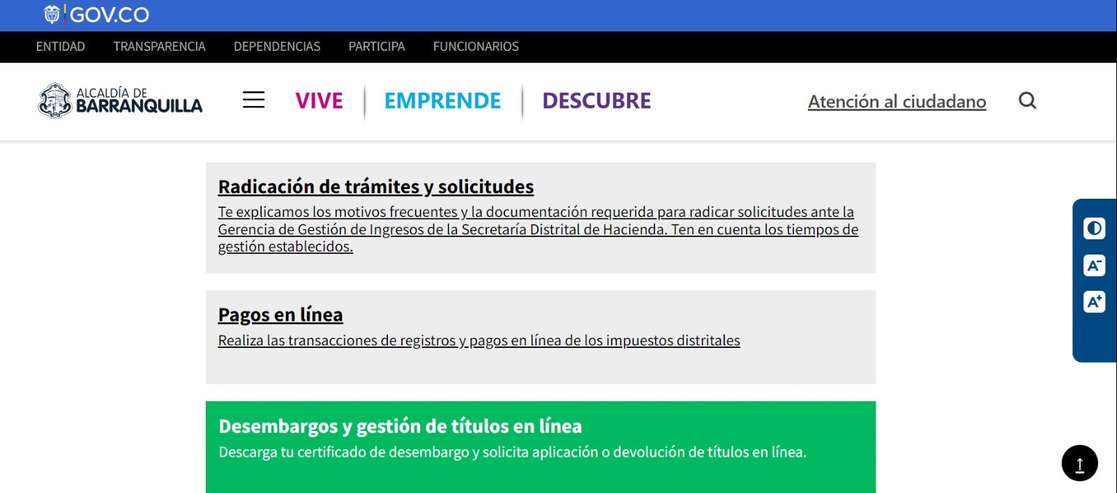 Página de la Alcaldía de Barranquilla para tramitar y gestionar desembargos.