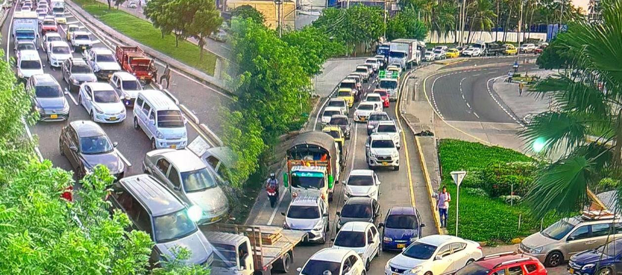 Trancón en la Vía 40, a la altura de la rotonda del barrio Las Flores. 