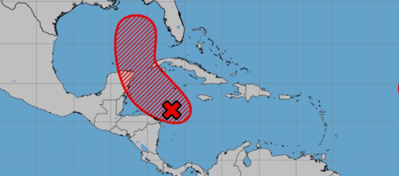Franja roja donde se espera que transite la depresión tropical en formación. 