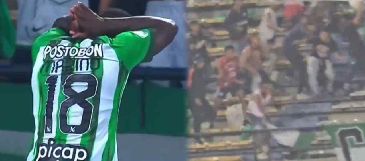 Polémica celebración de Marino Hinestroza y momento en que hincha de Junior roba un trapo de Nacional.