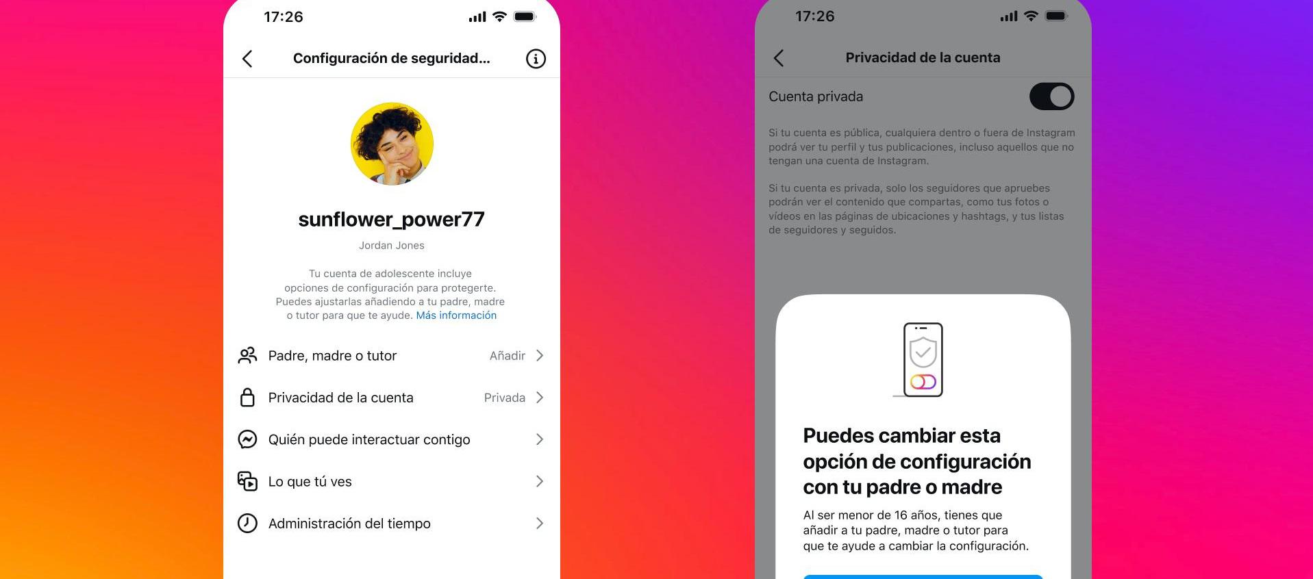 Interfaz de configuración de seguridad de una Cuenta de Adolescente en Instagram.