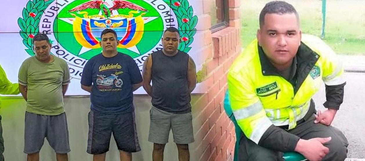 Tres de los imputados y foto del patrullero  Jaider Gregorio Amador Quessep