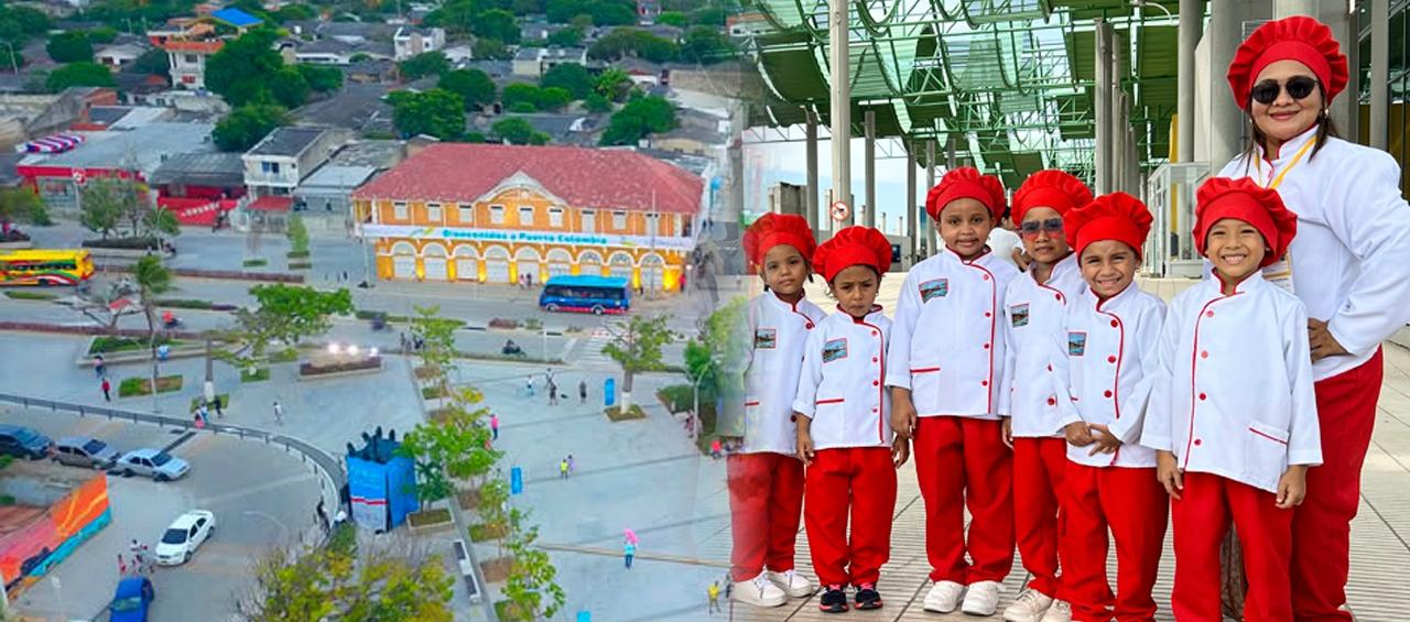 Imagen de la plaza de Puerto Colombia y Club de Cocina de 'Pequeños Chefs'. 