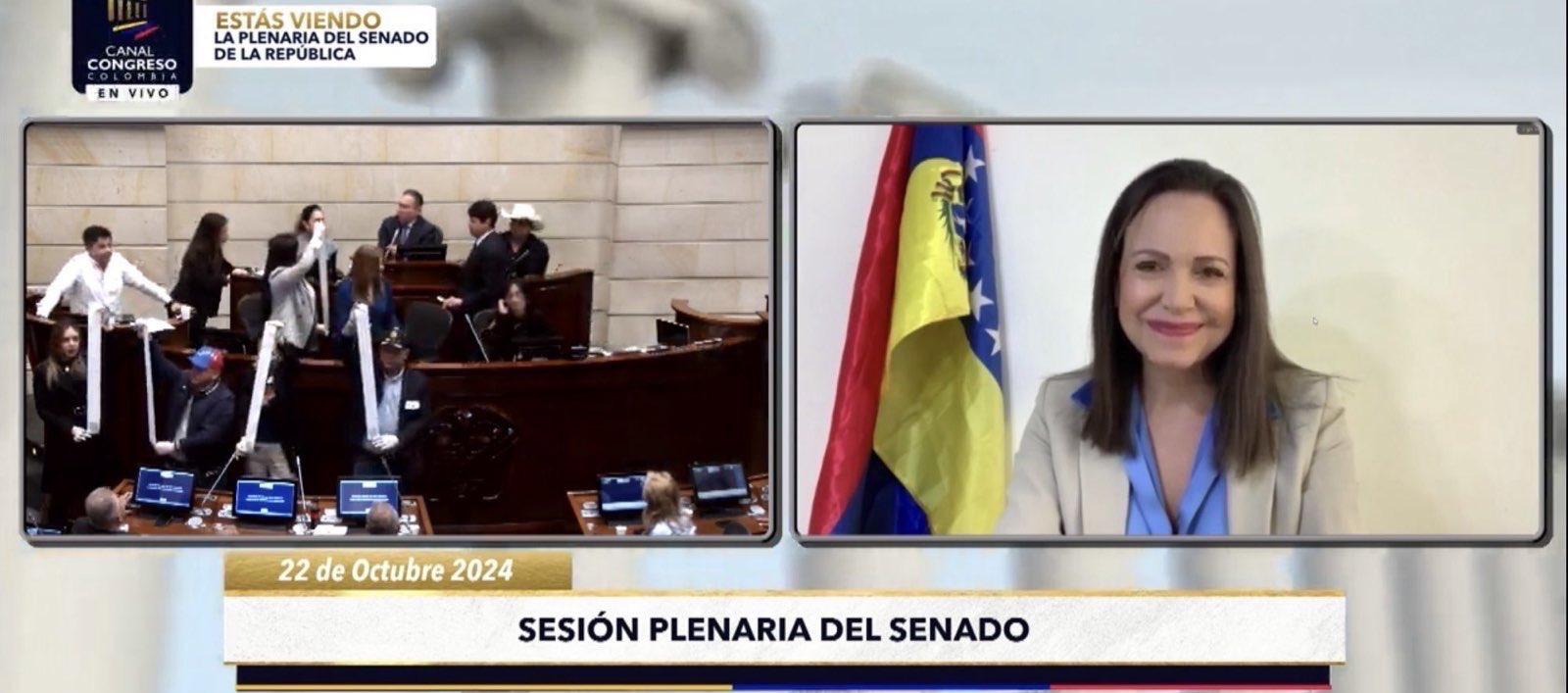 María Corina Machado en una sesión virtual en el Senado de la República de Colombia.