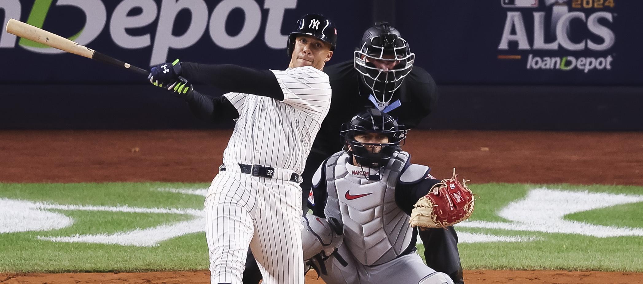 El swing de Juan Soto para su jonrón ante los Guardianes. 