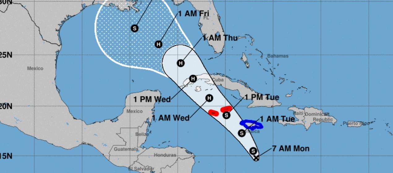 Trayectoria que tendrá la tormenta tropical con rumbo al Golfo de México. 
