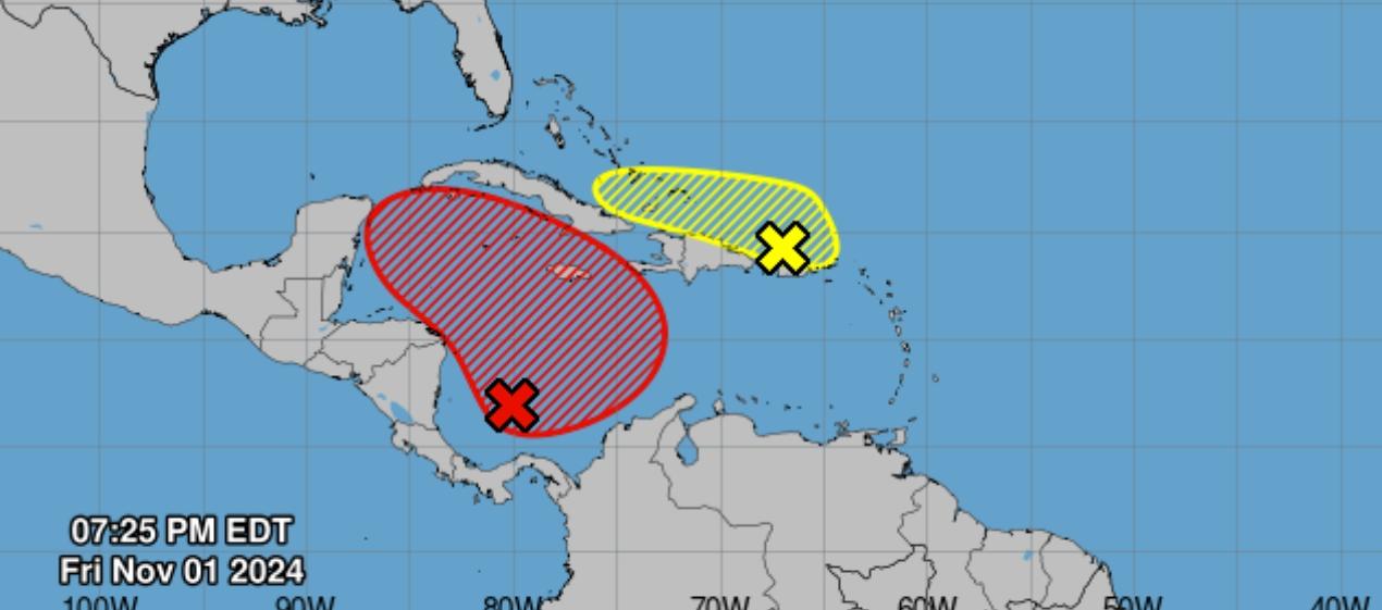 La franja roja es donde se está desarrollando el posible ciclón tropical en el Mar Caribe y su posible trayectoria. 