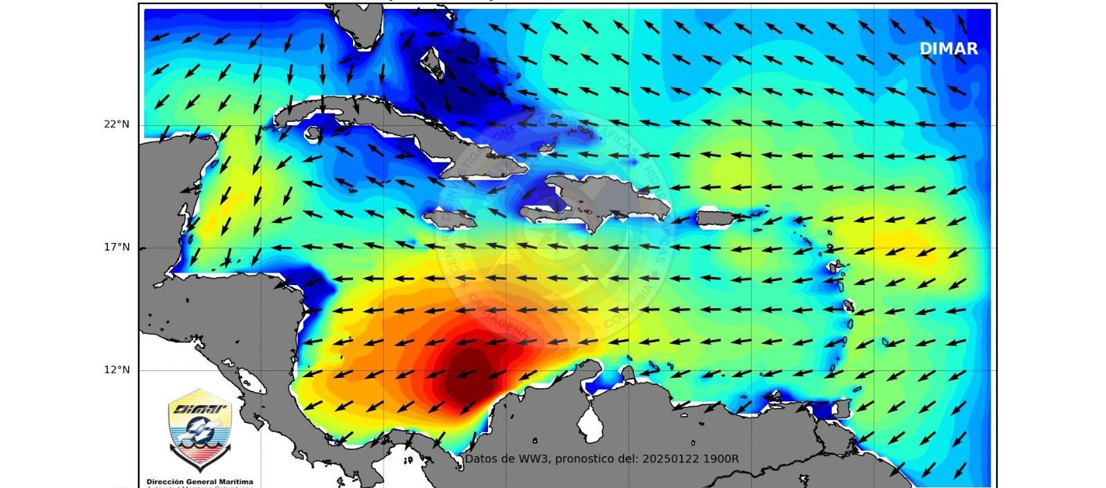 Zona roja en el mar Caribe, donde se registra la anomalía de vientos. 